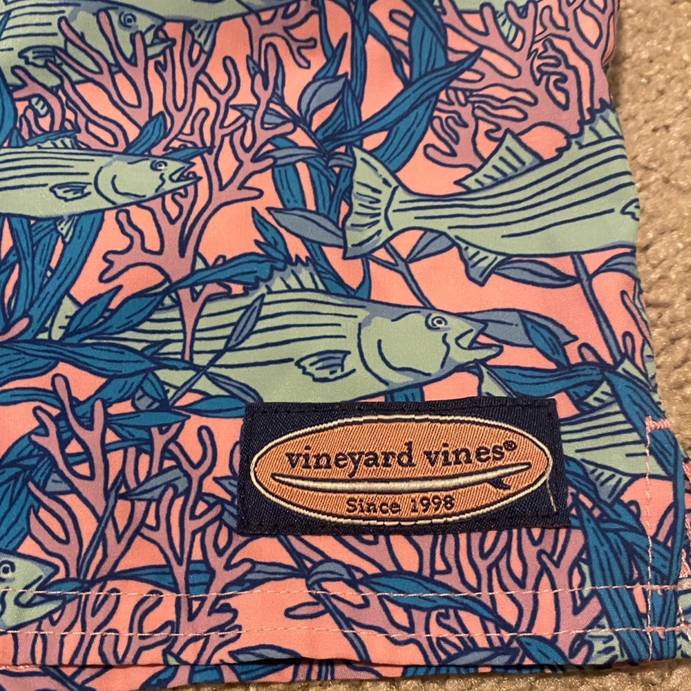 Vineyard Vines Boys Fish Print Swim Trunks - Pink & Aqua - Picture 2 of 4